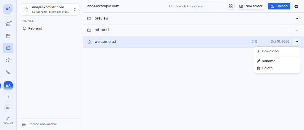 The actions menu for a file, with Download, Rename and Delete