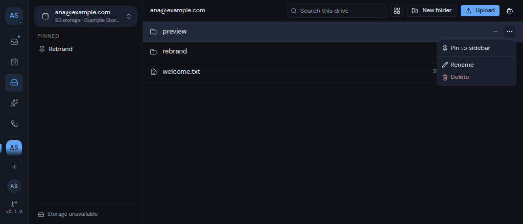 The actions menu for a folder, with Pin to sidebar, Rename and Delete