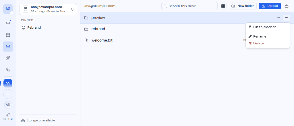 The actions menu for a folder, with Pin to sidebar, Rename and Delete