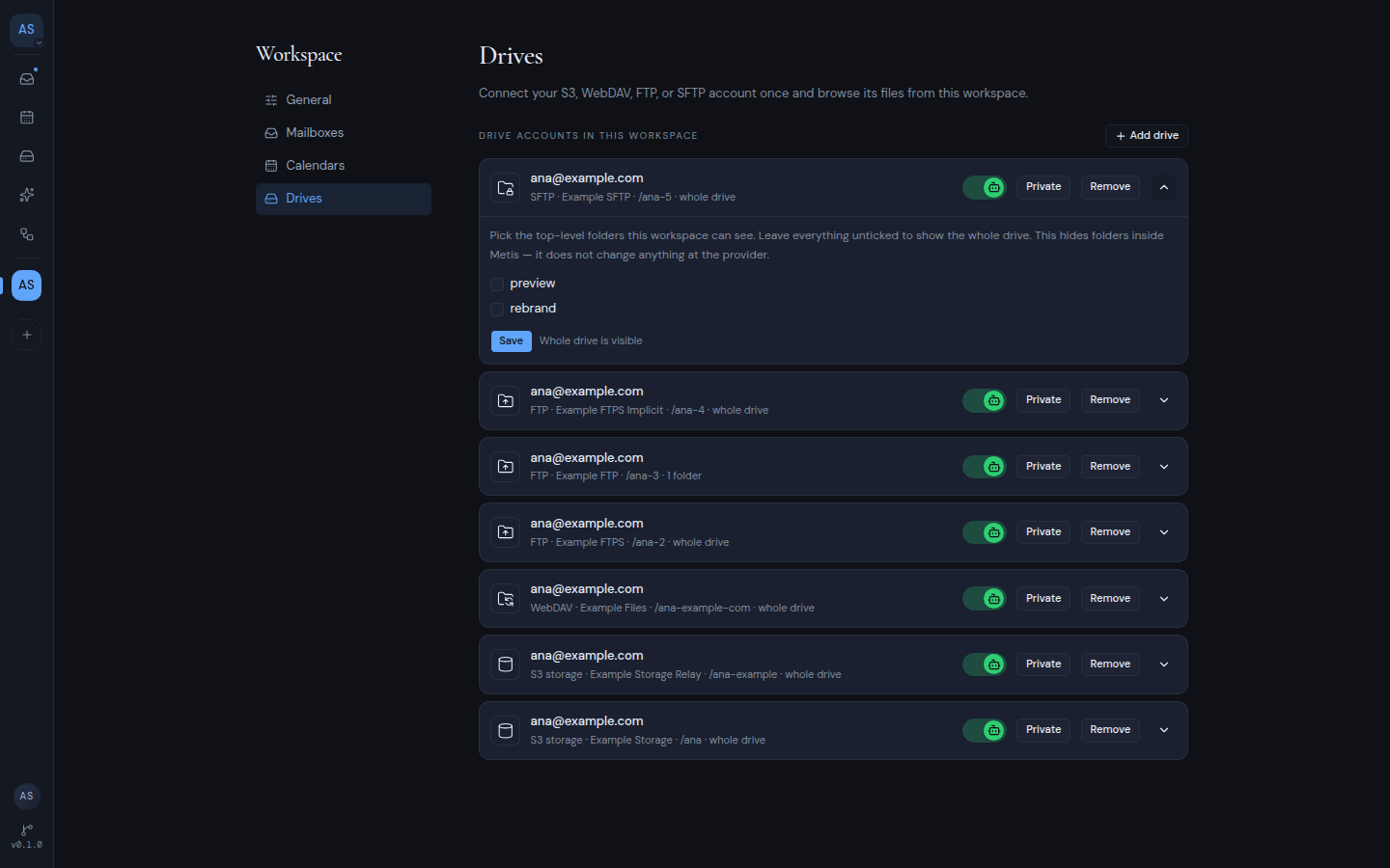 Workspace drive settings with one drive opened, showing its top-level folders with check boxes
