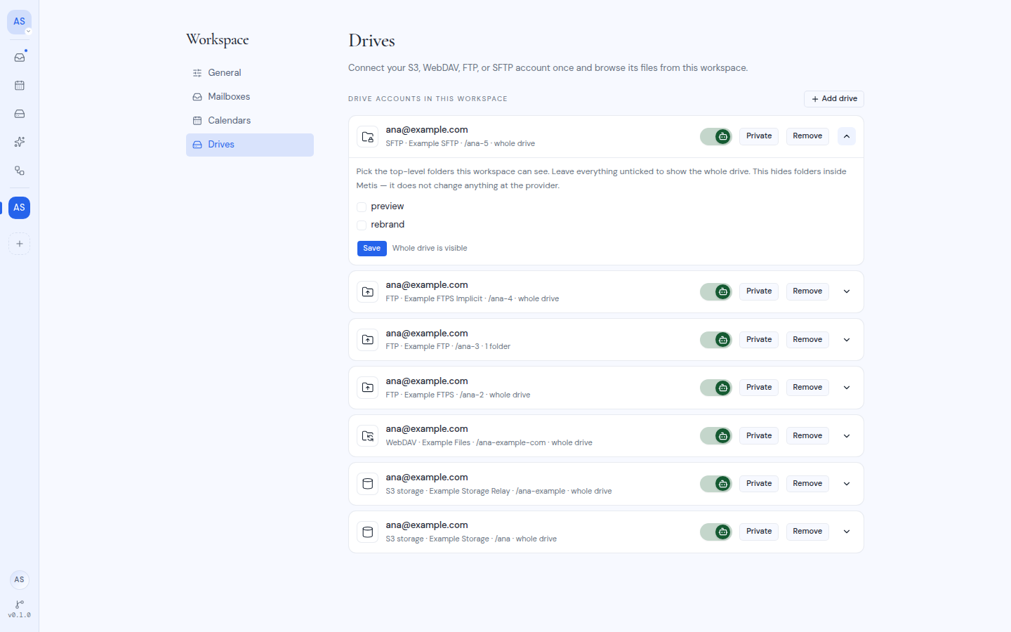 Workspace drive settings with one drive opened, showing its top-level folders with check boxes