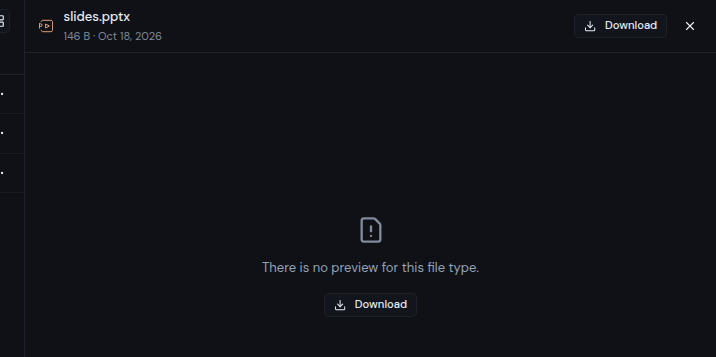 The preview pane for a PowerPoint file, saying there is no preview for this file type, with a Download button