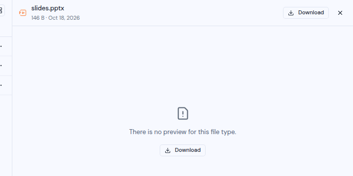 The preview pane for a PowerPoint file, saying there is no preview for this file type, with a Download button