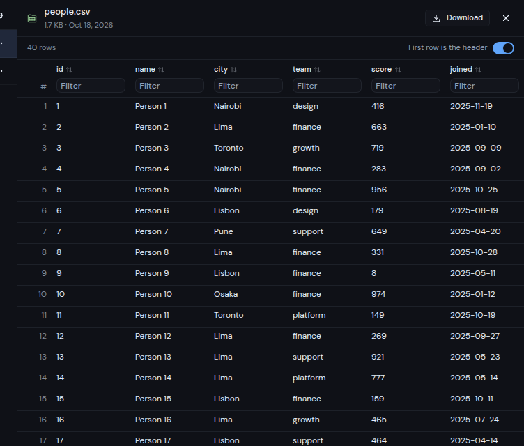 A CSV file open as a table, with a filter box under each column
