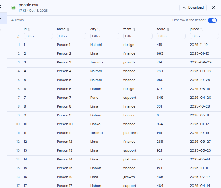 A CSV file open as a table, with a filter box under each column