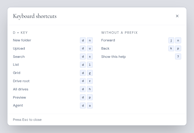 The Keyboard shortcuts help listing the Drive shortcuts