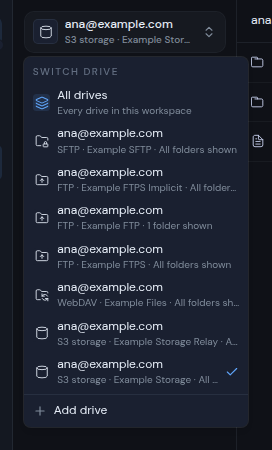 The Switch drive menu listing All drives, each drive, and Add drive