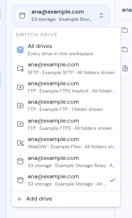 The Switch drive menu listing All drives, each drive, and Add drive