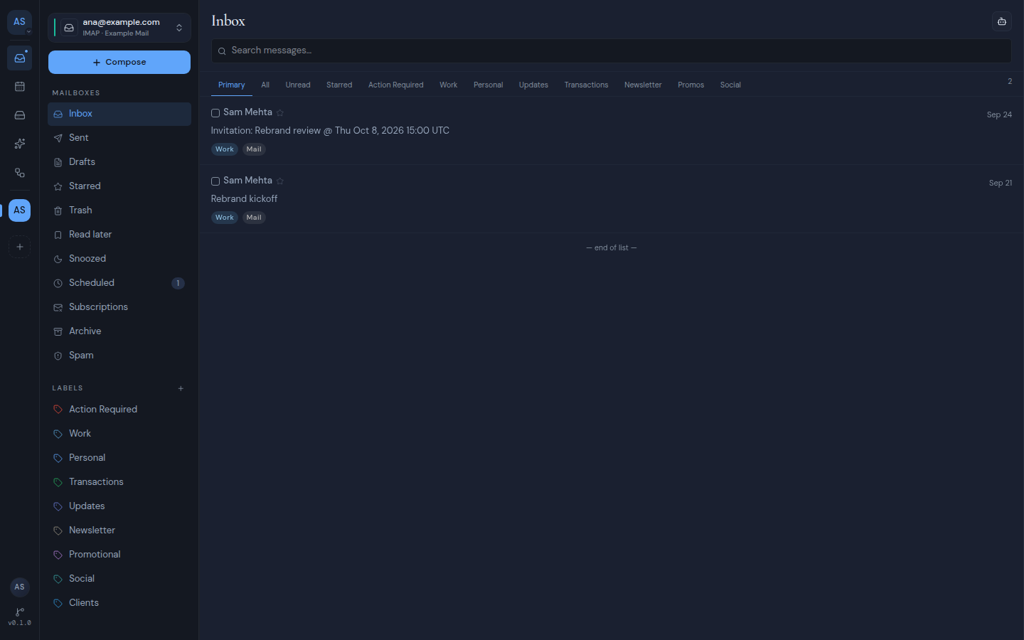 The inbox of a newly connected mailbox