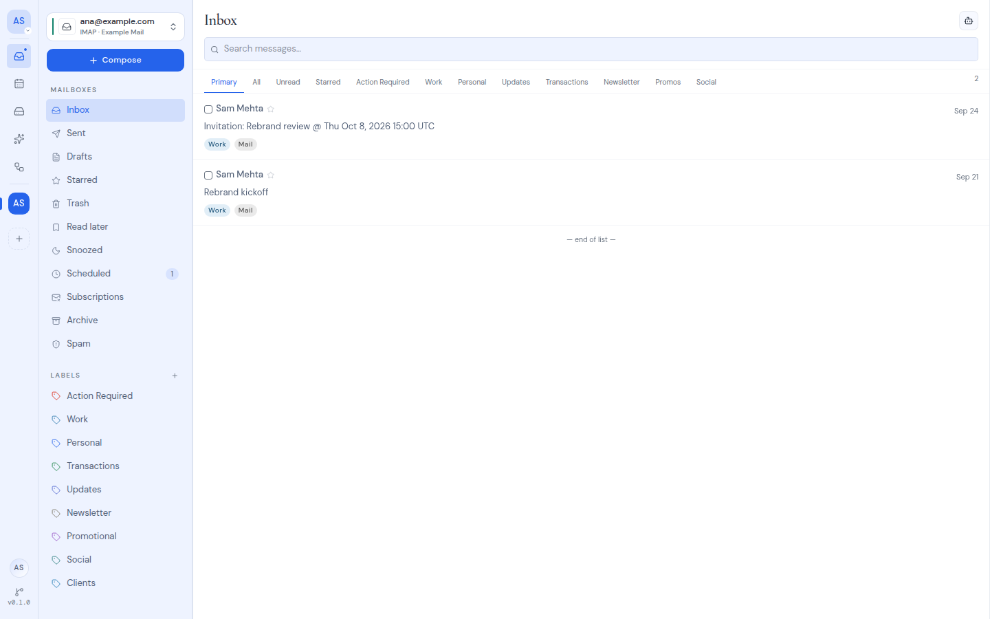 The inbox of a newly connected mailbox