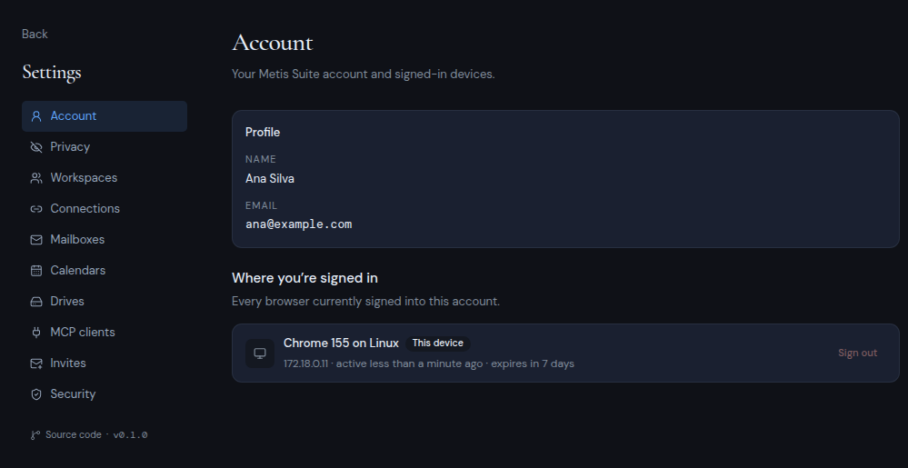 The settings sidebar with its list of sections