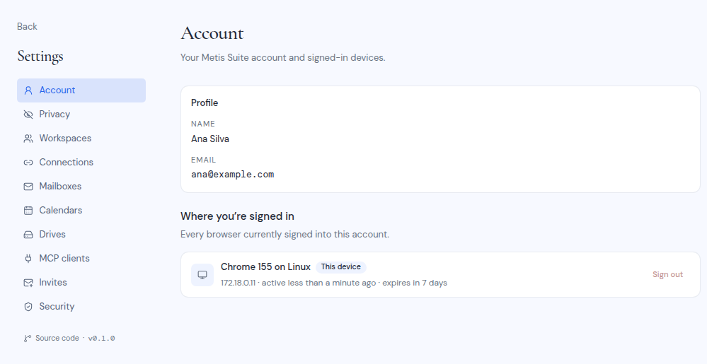 The settings sidebar with its list of sections
