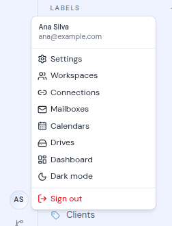 The user menu open, showing your name, email and the menu items