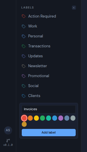 The add label form in the sidebar with a name and colors