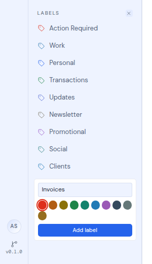 The add label form in the sidebar with a name and colors