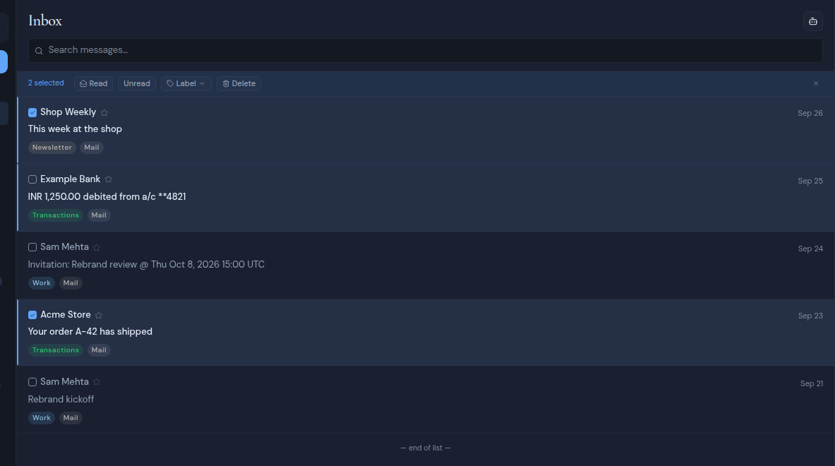 Two messages selected, with the bulk action bar above the list