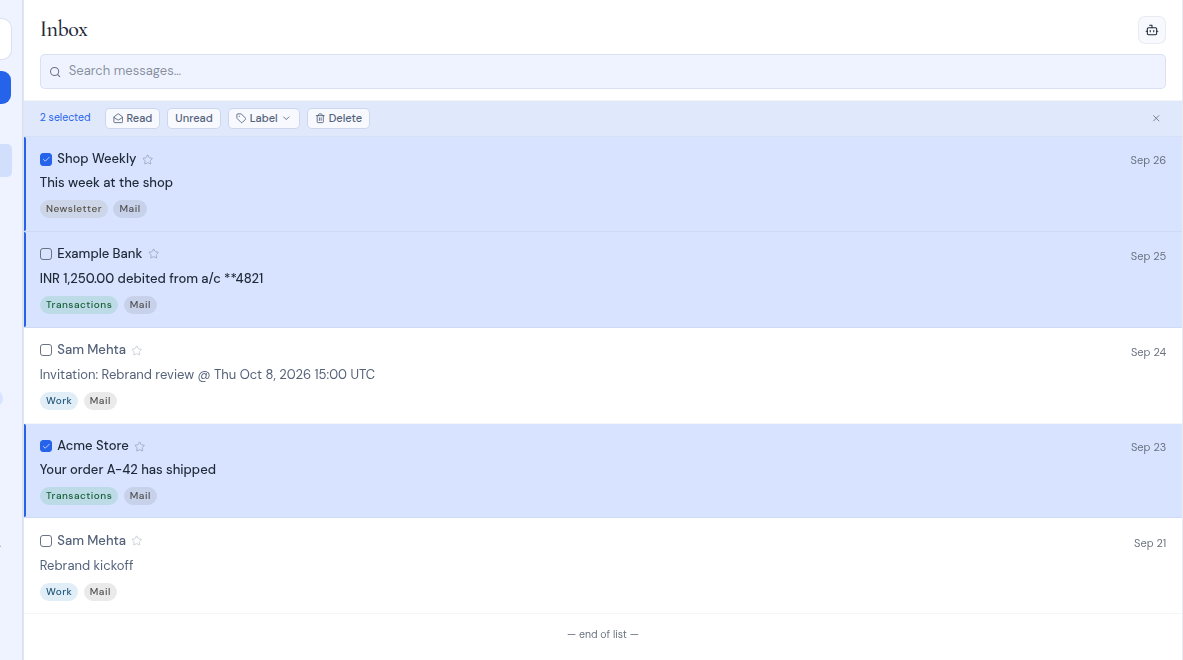 Two messages selected, with the bulk action bar above the list