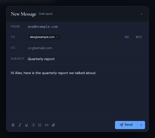 The New Message window with a recipient, a subject and the Cc field open