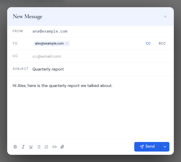 The New Message window with a recipient, a subject and the Cc field open