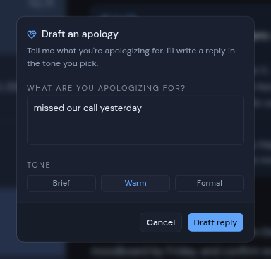 The Draft an apology dialog with a description and a tone