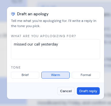 The Draft an apology dialog with a description and a tone
