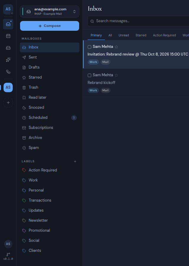 The folder sidebar with the Mailboxes and Labels sections