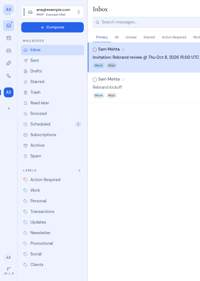 The folder sidebar with the Mailboxes and Labels sections