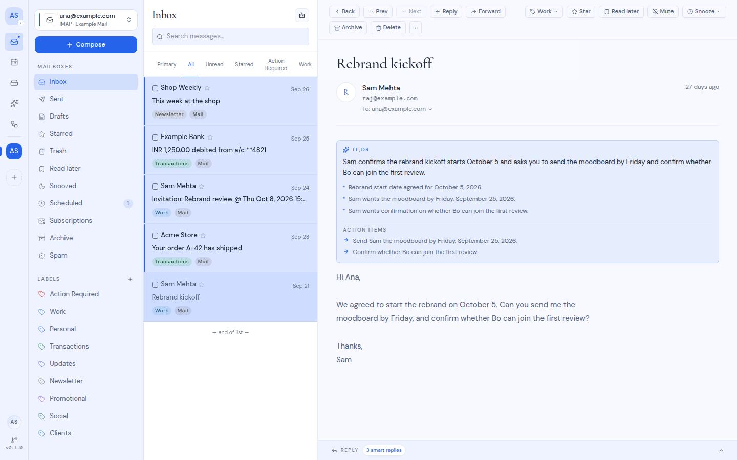 The inbox with an open message and its summary
