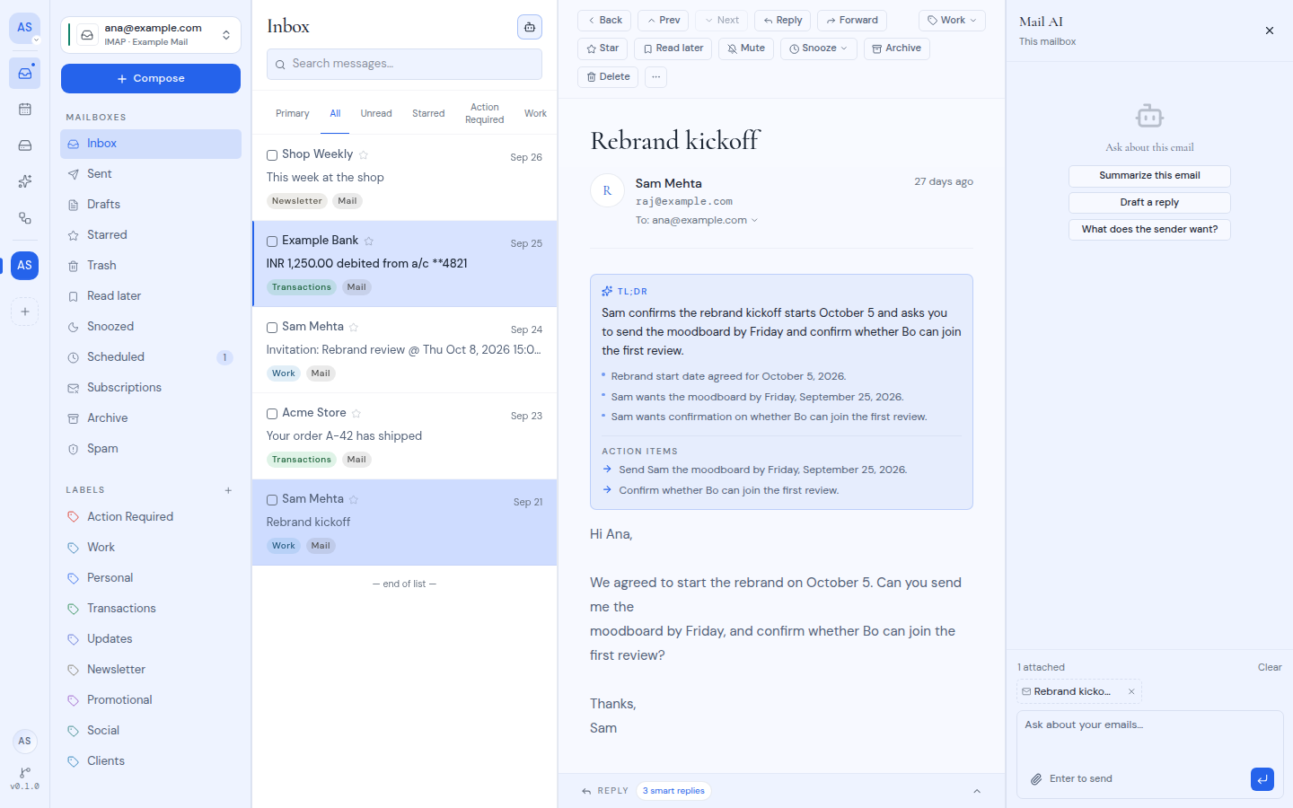 The Mail AI panel open next to a message