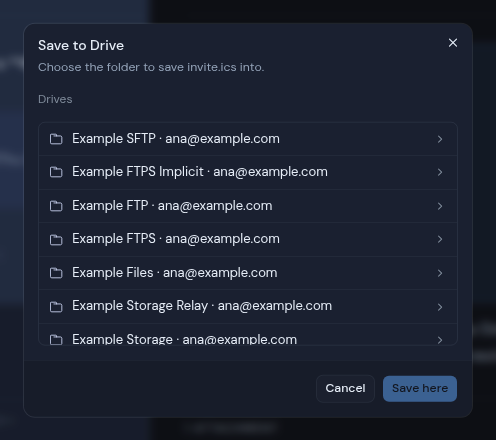 The Save to Drive dialog listing the workspace's drives