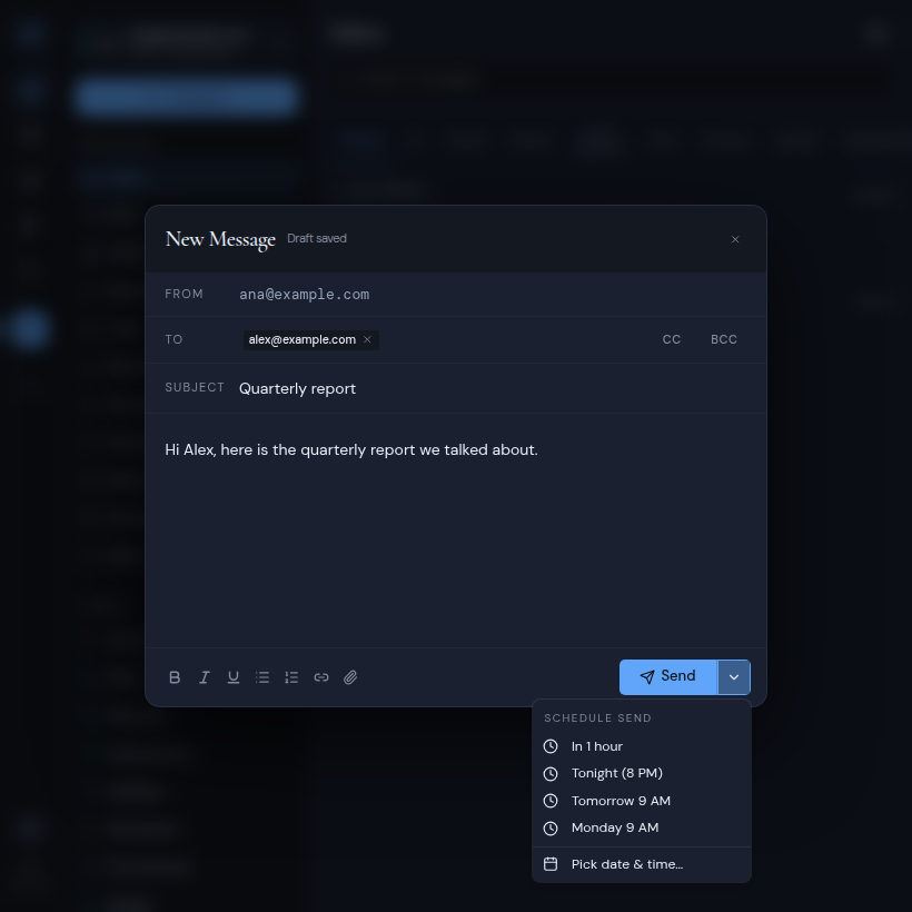 The Schedule send menu open next to the Send button