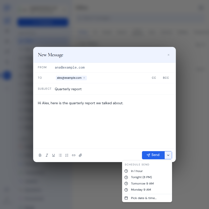 The Schedule send menu open next to the Send button