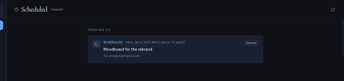 The Scheduled folder with one pending message