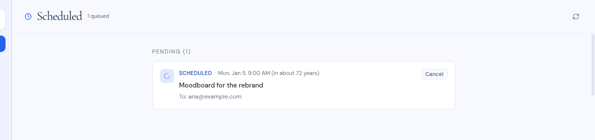 The Scheduled folder with one pending message