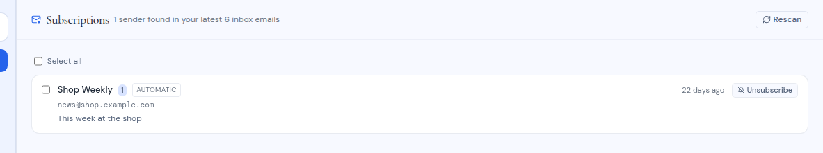 The Subscriptions folder listing mailing lists found in the inbox