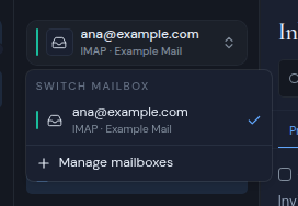 The Switch mailbox menu with the current mailbox checked and Manage mailboxes