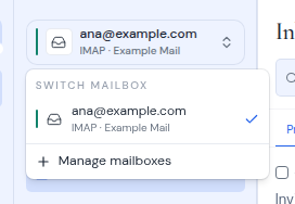 The Switch mailbox menu with the current mailbox checked and Manage mailboxes