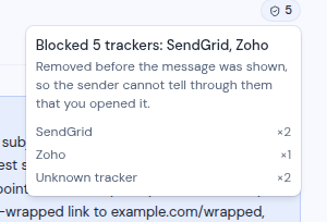 The tracker popover listing the trackers removed from a message