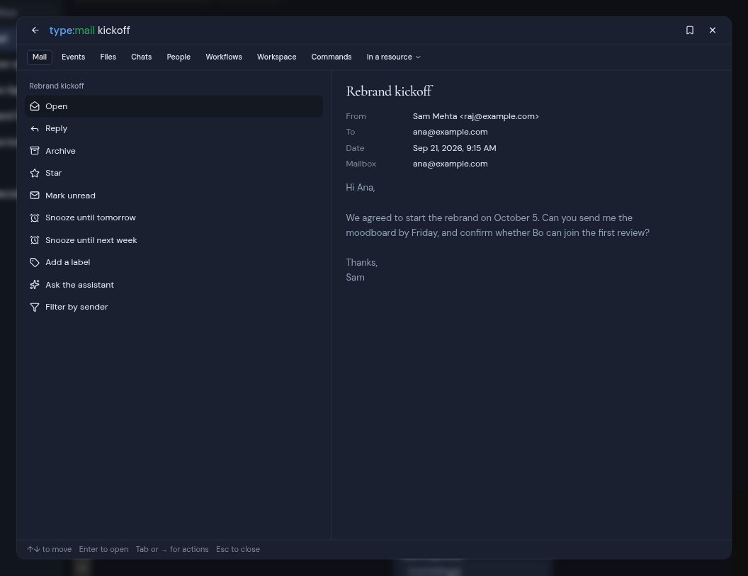 The list of actions for a mail result, such as Reply, Archive and Star