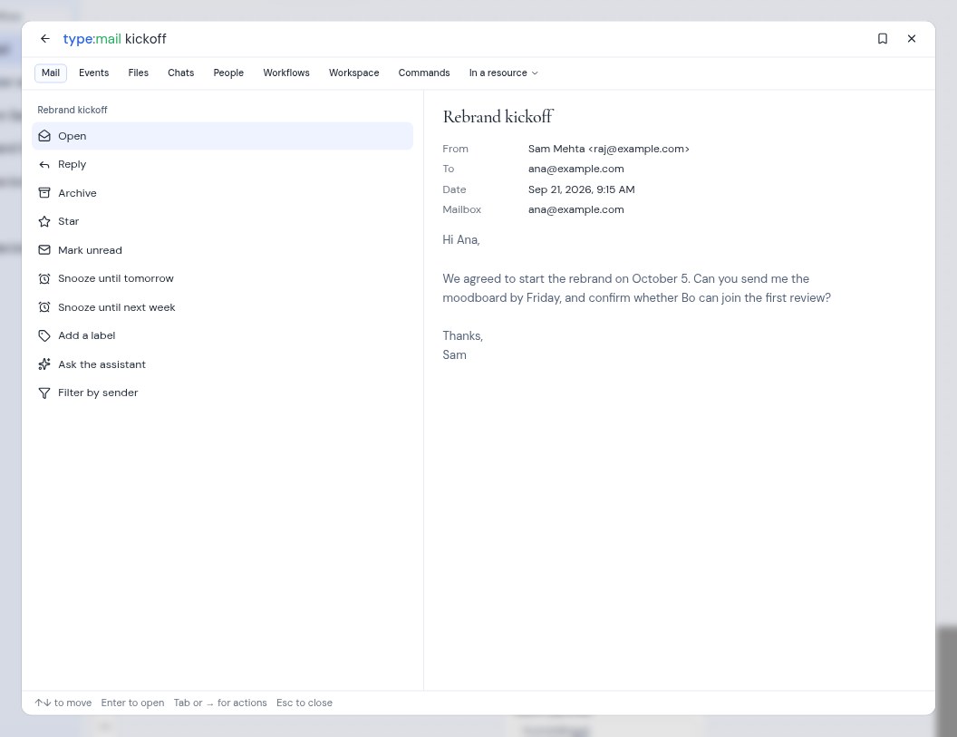 The list of actions for a mail result, such as Reply, Archive and Star