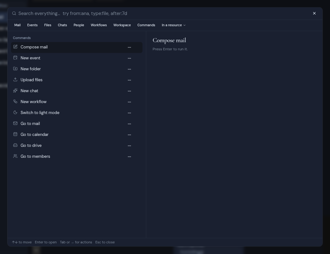 The search window with an empty search box and the list of commands