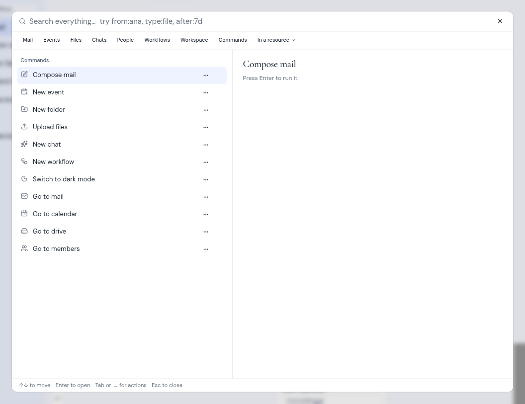 The search window with an empty search box and the list of commands