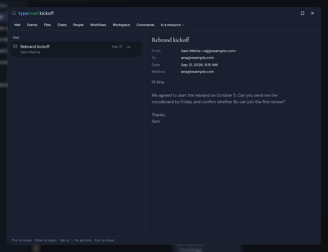 Mail results for a search, with the first result shown in the preview pane