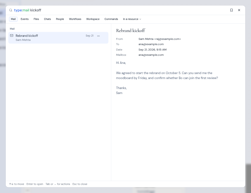 Mail results for a search, with the first result shown in the preview pane