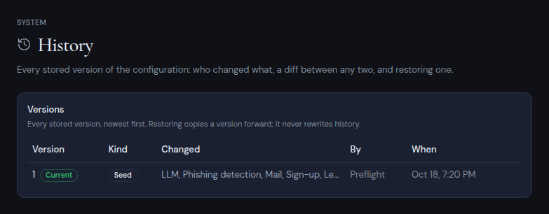 The History page with the list of stored versions