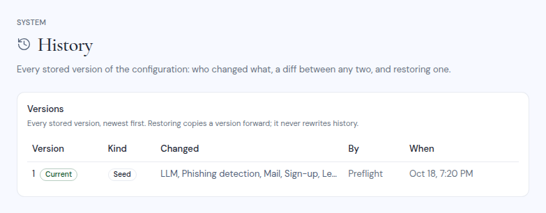 The History page with the list of stored versions