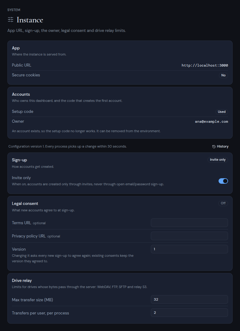 The Instance page with the Sign-up, Legal consent and Drive relay cards