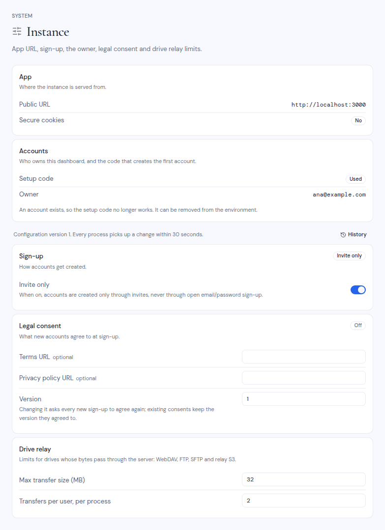 The Instance page with the Sign-up, Legal consent and Drive relay cards