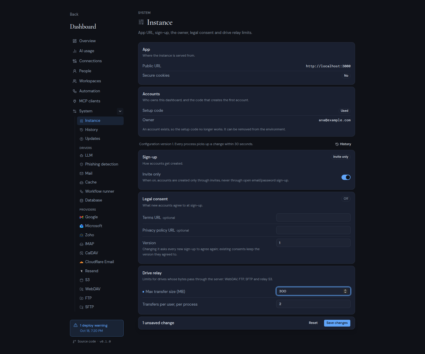 The Instance page with one unsaved change and the save bar