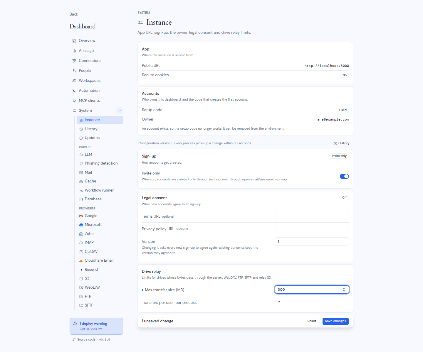 The Instance page with one unsaved change and the save bar